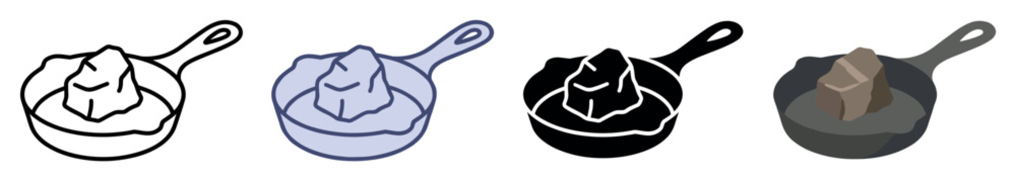 Pan with rock icons set. Problem or obstacle concept. Includes frying pan, stone, rock, obstacle, problem, difficulty, challenge. Flat and line style