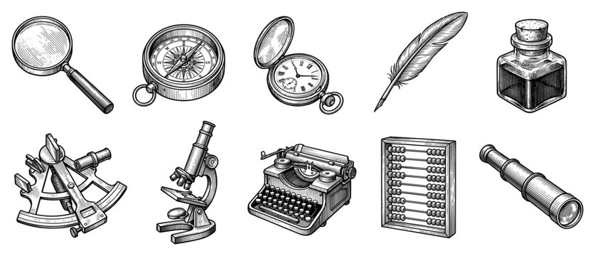 Vintage tools icons set. Old-fashioned instruments and devices concept. Includes magnifying glass, compass, pocket watch, quill pen, inkwell, sextant, microscope, typewriter, abacus,