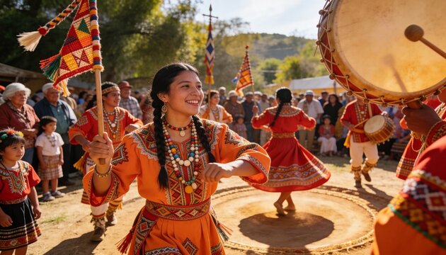 Holding decorated staff, Hispanic female dancer spinning in orange dress at sunlit clearing, drums