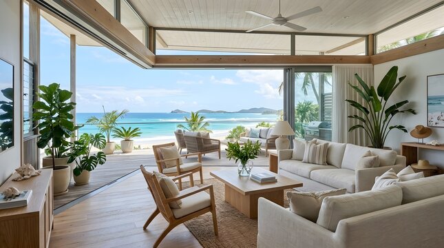Interior of modern beach house with ocean view