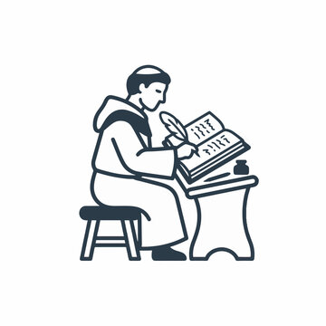 A simple black and white vector illustration of a medieval monk sitting at a desk and writing in a large book with a quill pen. He wears a traditional hooded robe and has a tonsure.