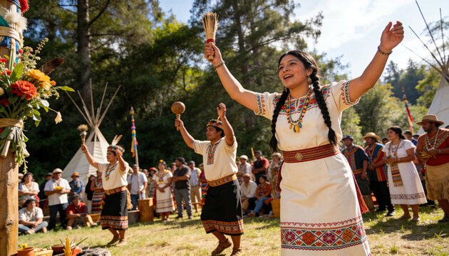 Leading Native woman in white dress raising dried grasses and dancing in meadow, rattles and tipis