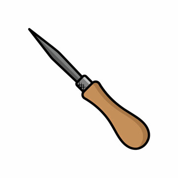 A simple illustration of a bradawl or awl tool featuring a sharp, pointed metal tip and a smooth wooden handle, isolated on a white background in a clean, minimalist style.