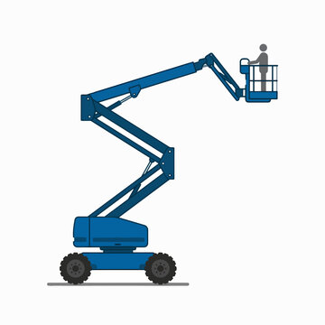 A side view illustration of a blue articulating boom lift with its arm extended, featuring a person silhouette in the safety basket. Ideal for construction and maintenance themes.