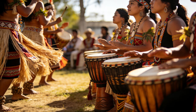 Playing seated drummers striking goblet drums at park, featuring beadwork, grass skirts