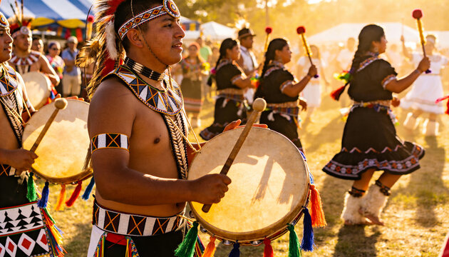 Drumming barechested Native drummer with feather headband holding hand drum using mallet on grass