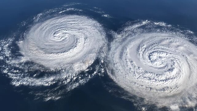 Aerial view of two powerful hurricanes swirling over the ocean. Demonstrating the intensity and impact of natural weather phenomena on the environment