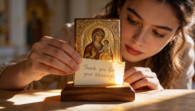 Placing woman holding gilded icon on wooden stand in chapel, wearing modest clothing, holding note