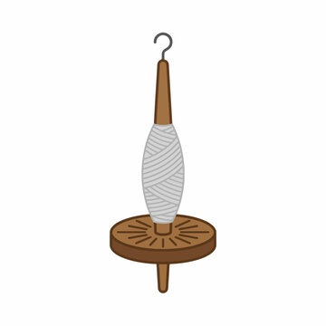 A cartoon illustration of a brown drop spindle with a whorl and hook, featuring light gray thread wrapped around its shaft, set against a white background.