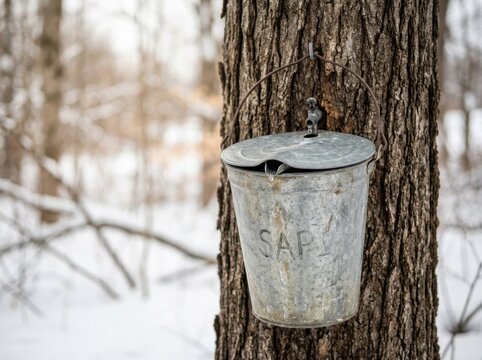 Galvanized metal sap bucket collecting liquid from a textured maple tree trunk during a snowy winter season