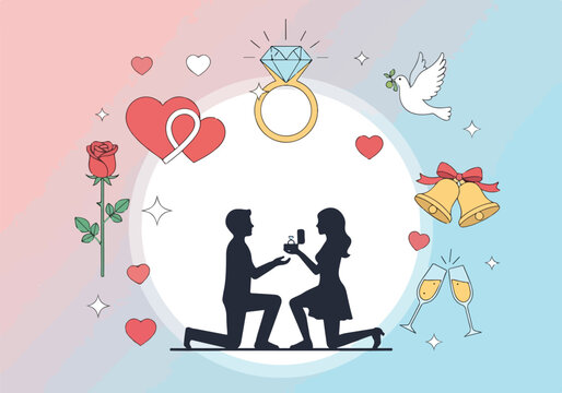 A romantic proposal scene with a kneeling man offering a ring