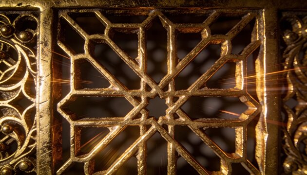 Glinting ornate gilded grille showing eight-point star lattice at interior wall, with scratches