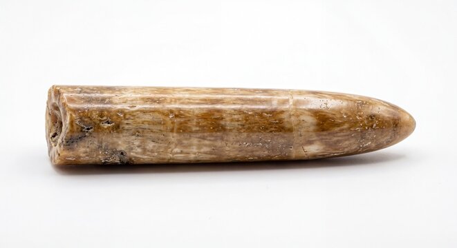 A single prehistoric belemnite fossil specimen lying horizontally against a clean white background.
