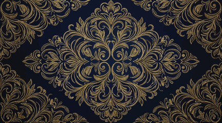 Seamless damask pattern with ornate gold floral elements on a dark blue background © Saharia