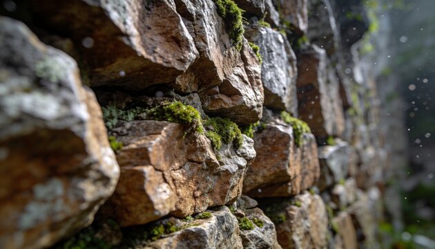 Displaying dry-stacked stone wall showcasing moss, lichen, sunlit droplets at garden edge