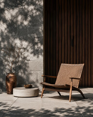 Fototapeta premium Sunlit Wabi Sabi Patio with Rattan Lounge Chair and Textured Stone Wall