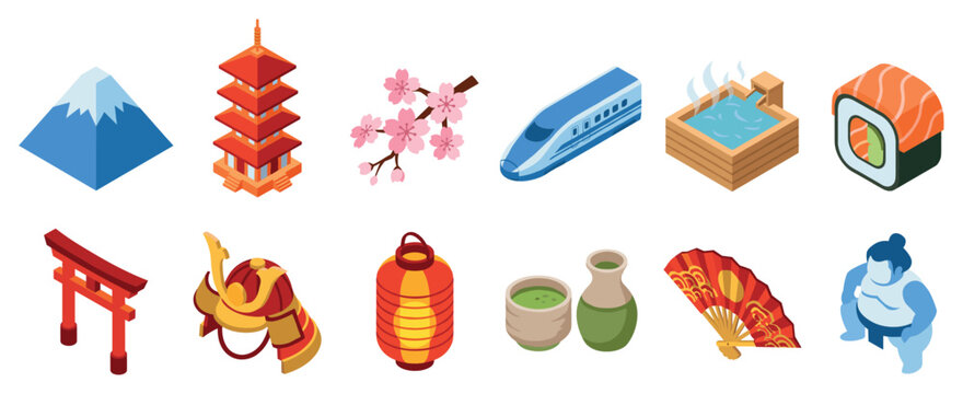 Japan travel icons set. Traditional Japanese culture and tourism concept. Includes Mount Fuji, pagoda, cherry blossom, bullet train, onsen, sushi, torii gate, samurai helmet, lantern,