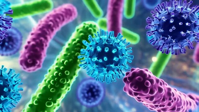 Colorful microscopic view of bacteria and viruses in a digital environment. Represents the complexity of microbiology and the importance of health sciences