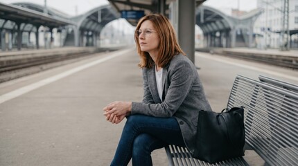 Fototapeta premium Woman Waiting at Train Station Platform for Her Next Journey.