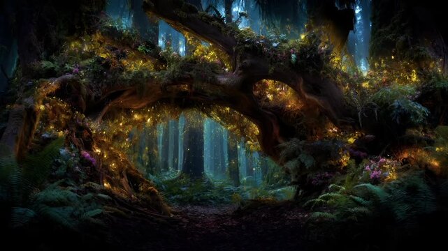 Fantasy, mysterious, wallpaper. A vivid portrayal of a mystical forest scene. A large, gnarled tree with moss and ferns is the main subject, its roots intertwined with the surrounding foliage.