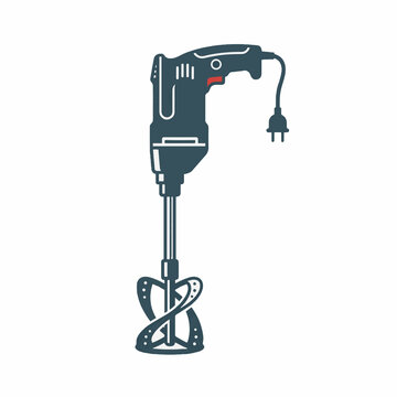 An illustration of a modern electric power mixer tool, designed for concrete, paint, or mortar, featuring a motor, handle, mixing paddle, and an electrical plug on a white background.