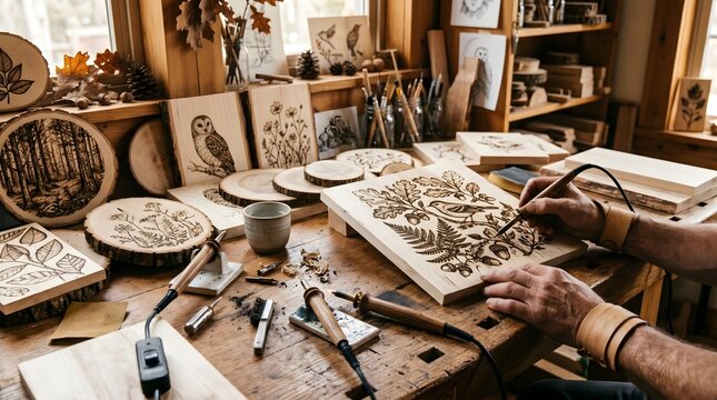 Pyrography artist wood burning nature designs in rustic workshop, woodburning craft with soldering iron tool, creative woodworking hobby studio