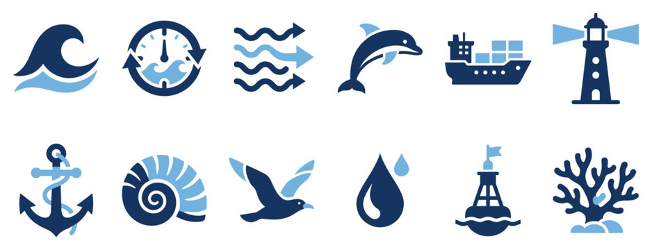 Ocean and sea icons set. Marine life and nautical navigation concept. Includes wave, tide clock, current, dolphin, cargo ship, lighthouse, anchor, seashell, seagull, water drop, buoy, coral