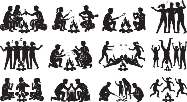 Set of silhouettes of people camping and having fun around a campfire