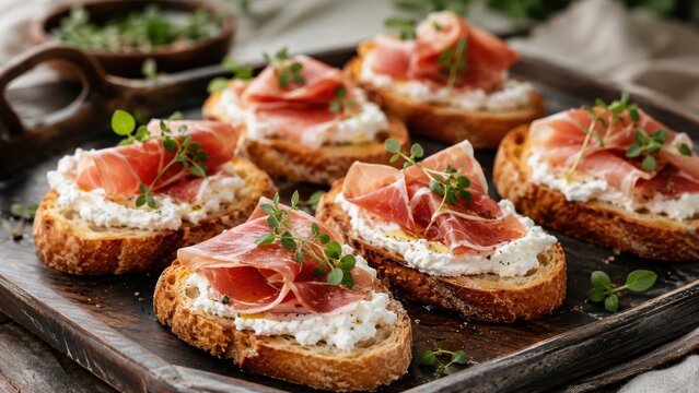 Toasted bruschetta with ricotta cheese, prosciutto, and fresh herbs on a wooden tray