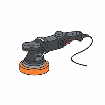 A black and gray dual-action orbital polisher with an orange buffing pad is depicted on a white background. It's a tool for automotive detailing.