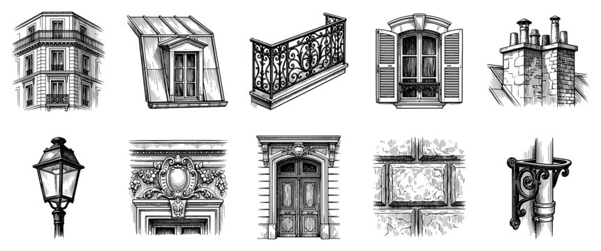 Parisian architecture icons set. French building elements concept. Includes building corner, dormer window, balcony railing, open window, chimney, street lamp, ornate frieze, door, wall