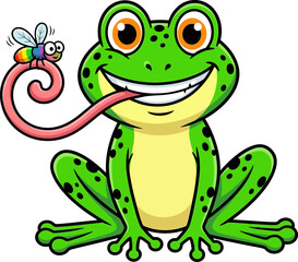 Fototapeta premium A cheerful green frog with black spots catches a rainbow-colored fly with its long pink tongue in a playful vector graphic illustration.