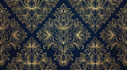 Seamless ornate damask pattern with golden floral motifs on a dark navy blue background © Saharia