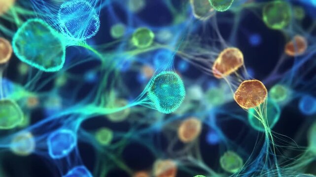 Colorful abstract representation of cellular structures and networks. Visualizing biological processes and the complexity of life at a microscopic level