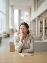 Obraz premium Professional woman contemplating ideas with pen and notebook in bright modern library