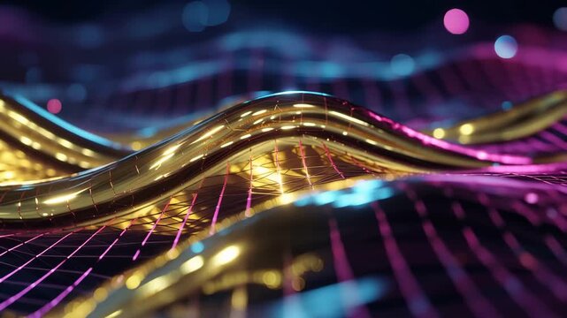 Sci fi network matrix terrain featuring a glossy metallic gold pipeline and neon grid lines Video.