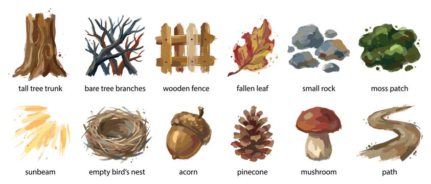 Nature elements icons set. Forest and outdoor objects concept. Includes tree trunk, bare branches, wooden fence, fallen leaf, small rock, moss patch, sunbeam, bird's nest, acorn, pinecone,