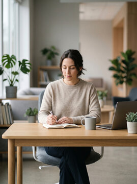 Woman writing notes in notebook at wooden desk in modern office.