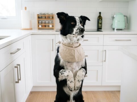 Alert Border Collie Dog Wearing Bib Standing Upright in a Bright Modern Kitchen