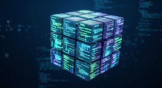 Algorithmic cube made of glowing digital code blocks floating on dark