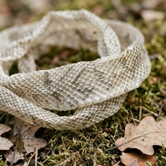 Obraz premium Macro texture of dry shed snakeskin on forest moss and autumn leaves