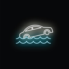 Naklejka premium Car line art icon depicting a vehicle submerged in water with a neon light glow