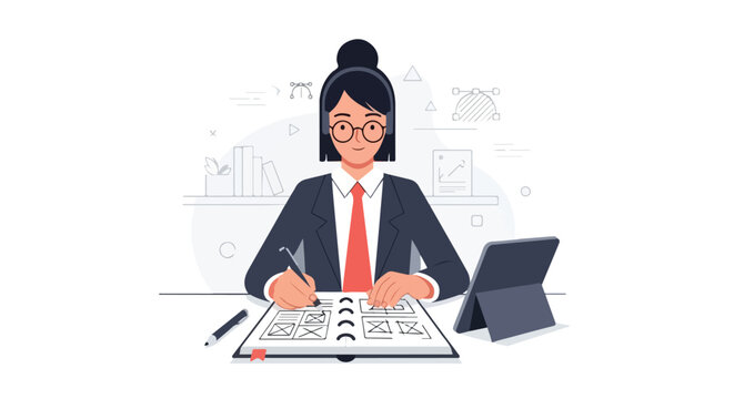 A professional woman in a suit and glasses sits at her desk, sketching creative wireframes and website layouts in a notebook alongside a tablet.