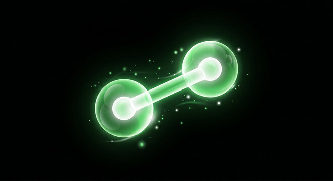 Glowing green and white hydrogen molecular structure 3d render isolated