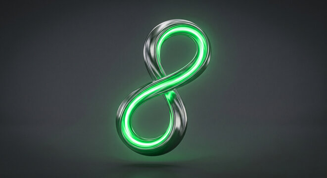 Sleek 3D metallic circular economy mobius strip glowing with green light