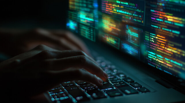 Hands typing on laptop with colorful code on screen in dark room.