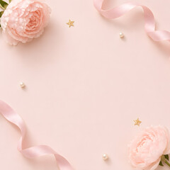 Fototapeta premium Elegant pink floral background with peonies, ribbons, and pearls, flat lay copy space for wedding and celebration