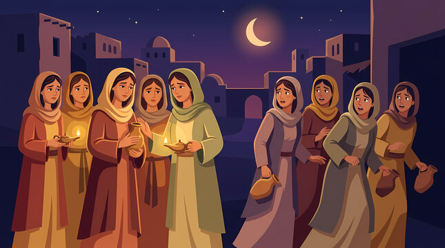 Parable of the Ten Virgins: Wise and Foolish Maidens with Lamps and Jars at Night