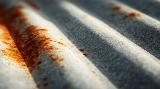 Corrugated metal surface with rust stains and grooved texture.