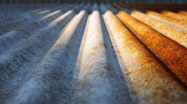 Corrugated roof panels with rust gradient in perspective view.